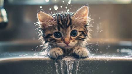 A cute, drenched kitten sitting in a sink with a gentle stream of water flowing, its tiny paws resting on the edge.の素材