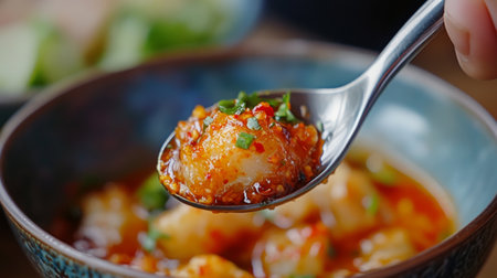 A close-up of a spoonful of spicy  being scooped from a bowl, with a focus on the texture and richness of the chili paste against a backdrop of fresh ingredients.の素材