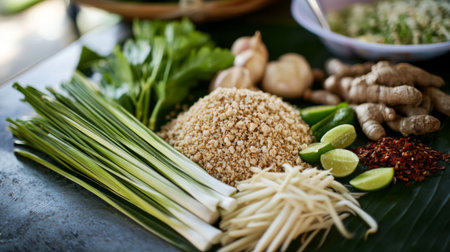 A close-up of a traditional Thai dish being prepared at a local food stall in Bangna Kauda, with fresh ingredients and spices that highlight the flavors of Thai cuisine.の素材
