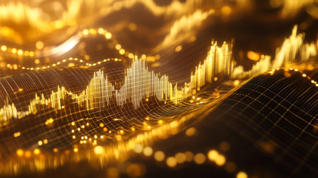 A detailed shot of a D gold surface graph with a polished gold topography, representing complex financial data relationships and market trends in a premium style.の素材