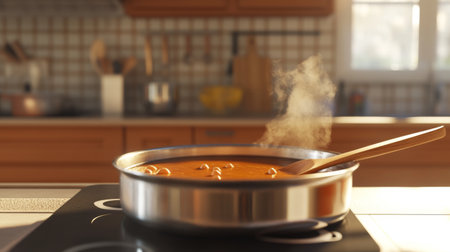 A close-up of a sauce pan with a wooden spoon resting on the rim, containing a simmering sauce or soup, with a warm and inviting kitchen setting in the background.の素材