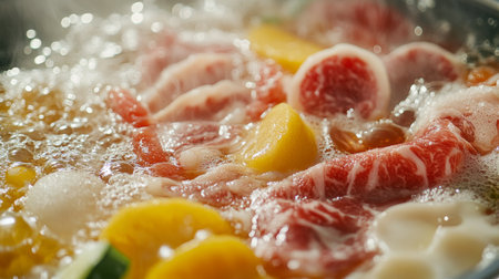 A close-up of a hot pot with an assortment of sliced meats and vegetables, showing the vibrant and fresh ingredients as they cook in the steaming broth.の素材