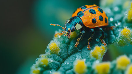 A close-up of a vibrant green leaf adorned with dew droplets, showcasing a colorful ladybug perched delicately, highlighting the beauty of nature's small creatures.の素材
