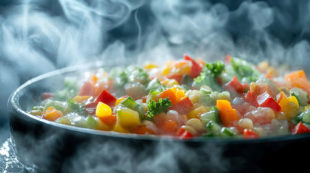 A close-up of a steaming bowl of hot soup with vibrant vegetables, with visible steam rising from the surface, creating a comforting and appetizing scene.の素材