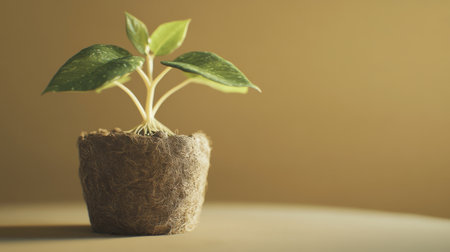 A close-up of a seedling in a biodegradable pot, ready to be planted, with the tender leaves and roots visible against the soft texture of the pot.の素材