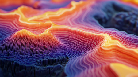 A detailed shot of a D surface graph on a screen, with a topographic appearance and color gradients illustrating complex data relationships and trends.の素材