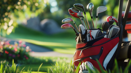 A detailed shot of a golf bag with clubs, gloves, and accessories, set on a golf cart next to a well-maintained green, highlighting the gear used in the game.の素材