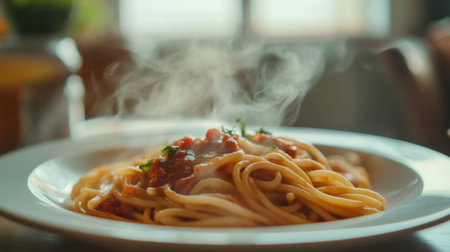 A detailed shot of a plate of freshly cooked pasta with sauce, steam gently wafting up from the dish, highlighting the warmth and inviting aroma of the meal.の素材