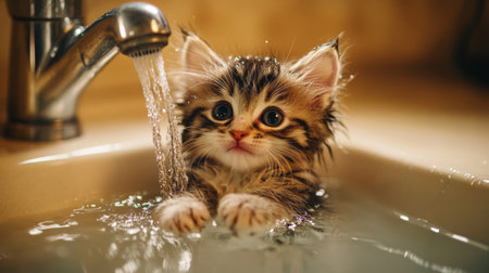 A cute, drenched kitten sitting in a sink with a gentle stream of water flowing, its tiny paws resting on the edge.の素材