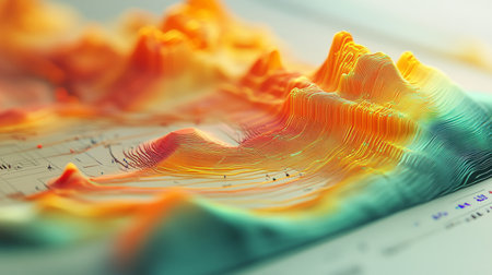 A detailed shot of a D surface graph on a screen, with a topographic appearance and color gradients illustrating complex data relationships and trends.の素材