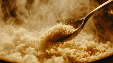 A detailed shot of a serving spoon scooping out hot rice from a pot, with steam rising and a portion of the rice in focus, emphasizing its texture and warmth.の素材