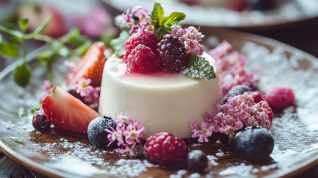 A detailed shot of floating desserts like mousse or panna cotta on a decorative plate, with delicate fruit and edible flowers enhancing the presentation.の素材