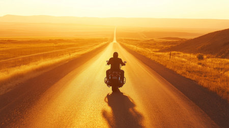 A motorcyclist riding down an open road at sunset, with the golden light reflecting off the bike's chrome, capturing the freedom of the ride.の素材