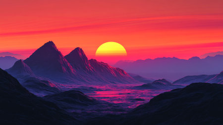 A detailed shot of the sun setting behind rugged mountain peaks, with the sky painted in shades of pink, purple, and orange, highlighting the dramatic landscape.の素材