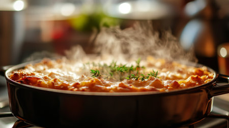 A detailed shot of a steaming hot casserole dish, with steam visible as it is served from the oven, highlighting the savory and comforting qualities of the meal.の素材