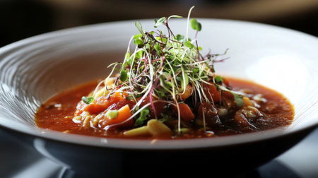 A gourmet presentation of minestrone in an upscale restaurant, garnished with microgreens and served in an elegant bowl, showcasing a modern take on this classic Italian dish.の素材