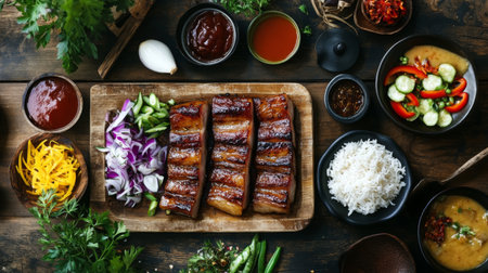 A rustic wooden table set for a feast, featuring a platter of pork belly alongside dipping sauces, fresh vegetables, and rice, inviting everyone to enjoy.の素材