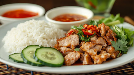 A plate of deliciously crispy pork served with steamed rice, fresh cucumber slices, and a flavorful dipping sauce, highlighting a traditional Thai meal.の素材