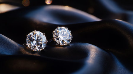 A pair of diamond-studded earrings resting on a black satin cloth, their dazzling brilliance enhanced by the soft glow of studio lighting.の素材
