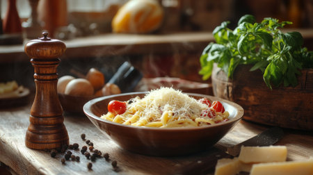A rustic Italian kitchen with a wooden table featuring a large serving bowl of carbonara, freshly grated cheese, and a pepper mill, inviting guests to indulge in homemade goodness.の素材