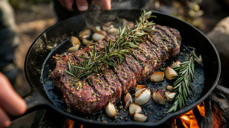 A perfectly grilled bistecca, sizzling on a cast-iron skillet, garnished with fresh rosemary and garlic, showcasing the juiciness and mouthwatering texture of the meat.の素材