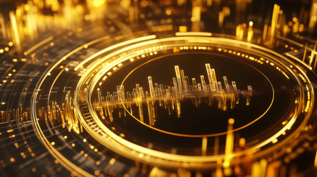 A top-down view of a D gold radar chart with multiple golden axes, illustrating financial metrics and performance indicators in an elegant, three-dimensional format.の素材