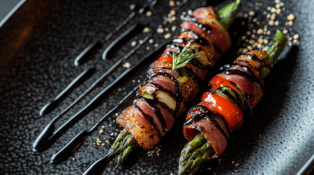 A plate of bacon-wrapped asparagus drizzled with balsamic glaze, highlighting a gourmet appetizer perfect for entertaining guests.の素材