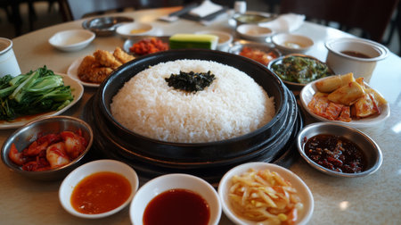 A panoramic view of a traditional Asian meal featuring a bowl of hot rice in the center, surrounded by various side dishes and dipping sauces on a table.の素材
