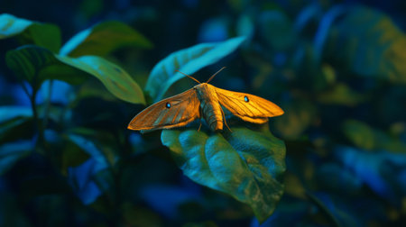 A serene garden setting featuring a moth resting on a leaf at dusk, capturing the calm atmosphere and the delicate beauty of nighttime insects.の素材