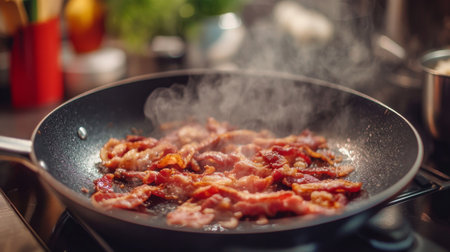 A sizzling pan of crispy bacon strips cooking on a stovetop, with golden-brown edges and the delicious aroma wafting through the kitchen.の素材
