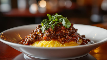A rustic dish of polenta served with a hearty meat sauce, garnished with fresh basil, emphasizing the comforting and hearty qualities of traditional Italian cuisine.の素材