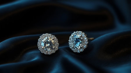 A pair of diamond-studded earrings resting on a black satin cloth, their dazzling brilliance enhanced by the soft glow of studio lighting.の素材