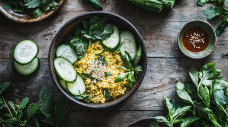 A rustic wooden table set with a bowl of curried fried rice, surrounded by fresh herbs, sliced cucumbers, and a small dish of spicy sauce for dipping.の素材