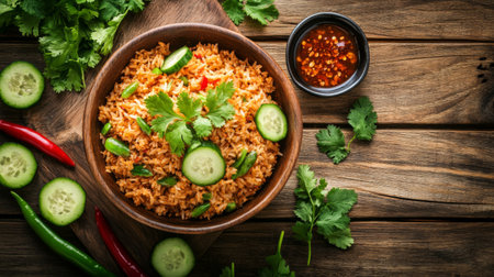 A rustic wooden table set with a bowl of curried fried rice, surrounded by fresh herbs, sliced cucumbers, and a small dish of spicy sauce for dipping.の素材