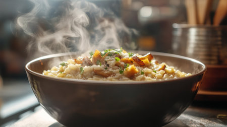 A steaming bowl of creamy risotto with mushrooms, garnished with fresh herbs and parmesan, capturing the essence of comfort food in Italian cuisine.の素材