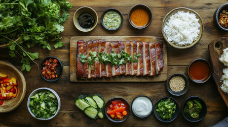A rustic wooden table set for a feast, featuring a platter of pork belly alongside dipping sauces, fresh vegetables, and rice, inviting everyone to enjoy.の素材