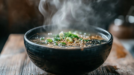 A steaming bowl of seaweed soup garnished with sesame seeds and green onions, set on a rustic wooden table, inviting diners to enjoy its warm flavors.の素材