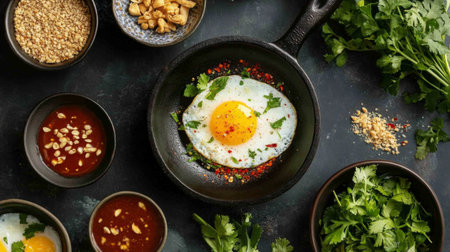 A top-down view of a breakfast spread featuring , with the eggs in a small pan, accompanied by Thai-style dipping sauces and fresh herbs, creating a colorful and inviting meal.の素材
