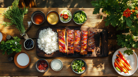 A rustic wooden table set for a feast, featuring a platter of pork belly alongside dipping sauces, fresh vegetables, and rice, inviting everyone to enjoy.の素材