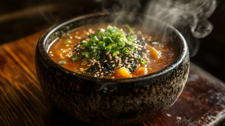 A steaming bowl of seaweed soup garnished with sesame seeds and green onions, set on a rustic wooden table, inviting diners to enjoy its warm flavors.の素材