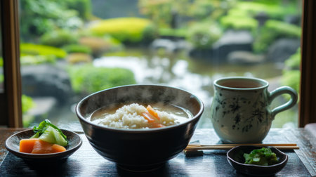A serene breakfast scene featuring a bowl of hot rice soup accompanied by pickled vegetables and a cup of green tea, set against a tranquil garden view.の素材