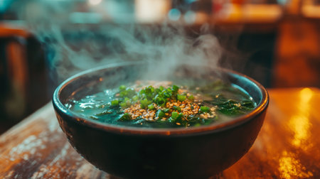 A steaming bowl of seaweed soup garnished with sesame seeds and green onions, set on a rustic wooden table, inviting diners to enjoy its warm flavors.の素材