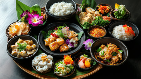 A stylish modern restaurant serving a gourmet version of , elegantly plated with edible flowers and garnishes, highlighting the fusion of traditional and contemporary Thai cuisine.の素材