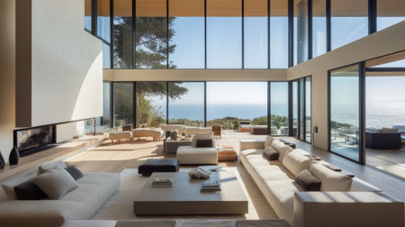 A spacious modern living room with floor-to-ceiling windows, minimalistic furniture, and a neutral color palette, emphasizing light, space, and functionality.の素材