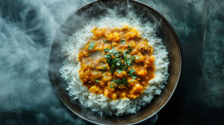 A top-down view of a steaming bowl of hot rice with a flavorful curry sauce, steam curling above the dish, emphasizing the richness and warmth of the meal.の素材