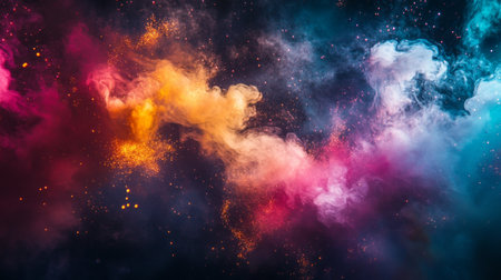 Smoke trails from fireworks bursting in the night sky, with colorful sparks illuminating the clouds of smoke, capturing the excitement of a celebration.の素材