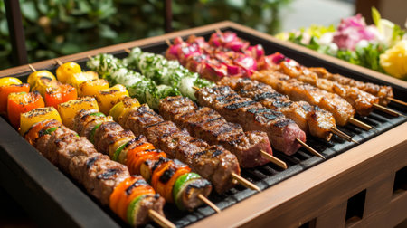 A vibrant outdoor picnic setting with a barbecue grill, showcasing skewers of marinated meats and colorful vegetables ready to be cooked.の素材