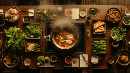 A top-down view of a table set for shabu-shabu, with a hot pot in the center surrounded by various fresh ingredients, dipping sauces, and utensils for cooking.の素材