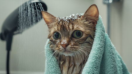A wet, towel-wrapped cat being carefully dried off after a bath, with a blow dryer gently blowing in the background.の素材
