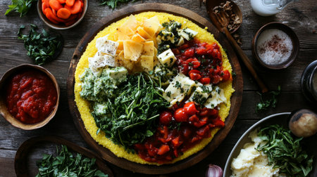 A vibrant overhead shot of a polenta board with different toppings, including cheese, vegetables, and sauces, inviting viewers to explore the diverse flavors.の素材